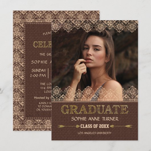 Elegante afstudeeruitnodigingen | Gouden kant Glit Kaart (Voorkant / Achterkant)