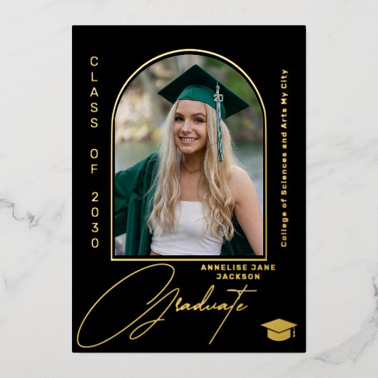 Elegante afstuderen boog foto afstuderen zwart gou folie uitnodiging (Voorkant)