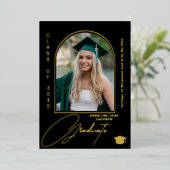 Elegante afstuderen boog foto afstuderen zwart gou folie uitnodiging (Staand Voorkant)