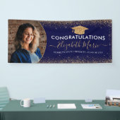 Elegante Afstuderen Navy Blue Gold Glitter Foto Spandoek (Beurs)