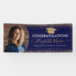 Elegante Afstuderen Navy Blue Gold Glitter Foto Spandoek