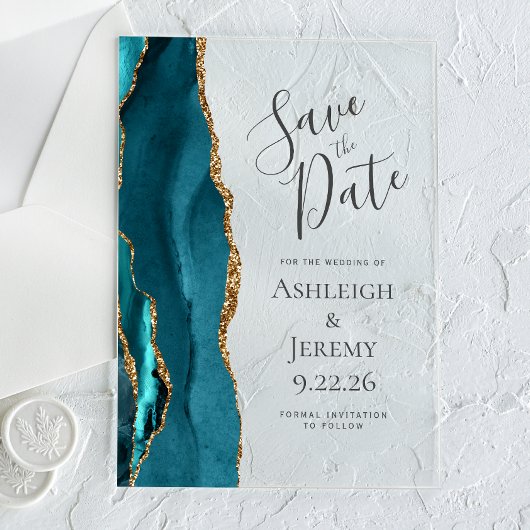 Elegante Agaat Blauwgroen Blauw Goud Save the Date Acryl Uitnodigingen