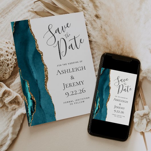Elegante Agaat Blauwgroen Blauw Goud Save the Date Kaart