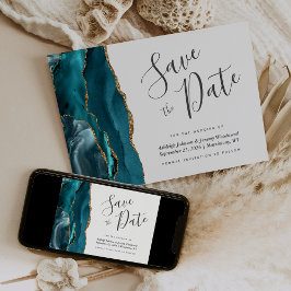 Elegante Agaat Blauwgroen Blauw Goud Save the Date Kaart