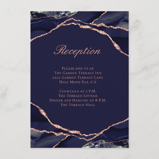 Elegante Agaat Navy Roos Gouden Bruiloft Receptie Informatiekaartje (Voorkant)