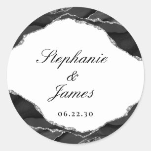 Elegante Agaat Zwart Wit Zilver Folie Trouwring Ronde Sticker