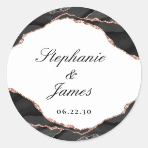 Elegante Agaat Zwart Witte Roze Gouden Folie Bruil Ronde Sticker