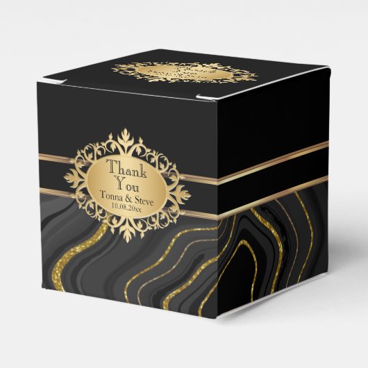 Elegante agat marmer met zwart en goud bedankdoosjes (Voorkant Zijde)
