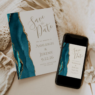 Elegante Agate Turquoise Goud Ivoor Save the Date Kaart