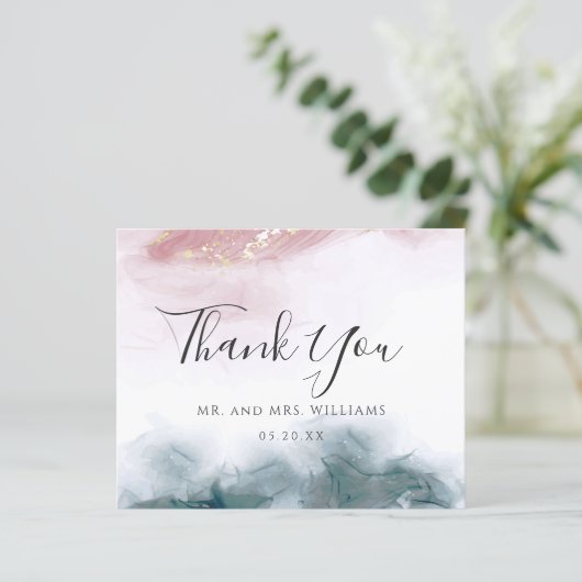 Elegante AlcoholInk Blush Blue Waterverf Dank u (Staand voorkant)