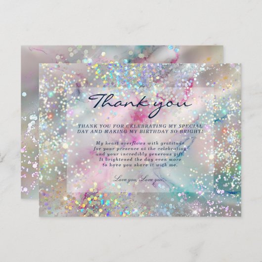 Elegante alcoholinkt Holografische Glitter Dank u Briefkaart (Voorkant / Achterkant)