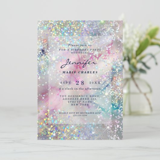 Elegante Alcoholinkt Holografische Glitter Verjaar Kaart (Staand voorkant)