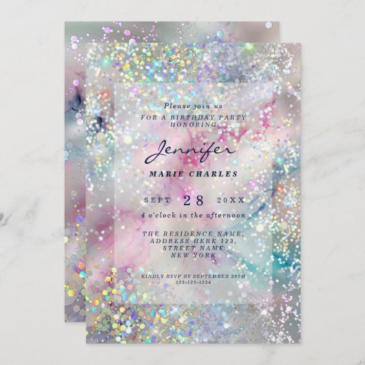 Elegante Alcoholinkt Holografische Glitter Verjaar Kaart (Voorkant / Achterkant)