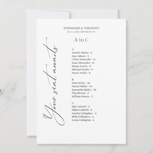 Elegante alfabetische bruiloft zitgrafiek Kaart (Voorkant)