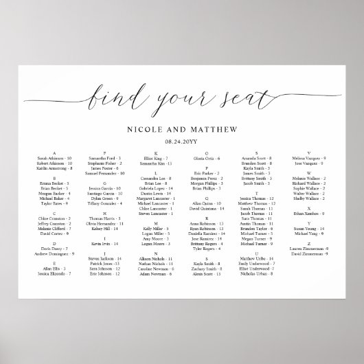Elegante Alfabetische Trouwstoelindeling Grafiek Poster (Voorkant)
