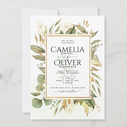 Elegante All-in-1 groenbladeren Gouden Bladeren Br Kaart (Voorkant)