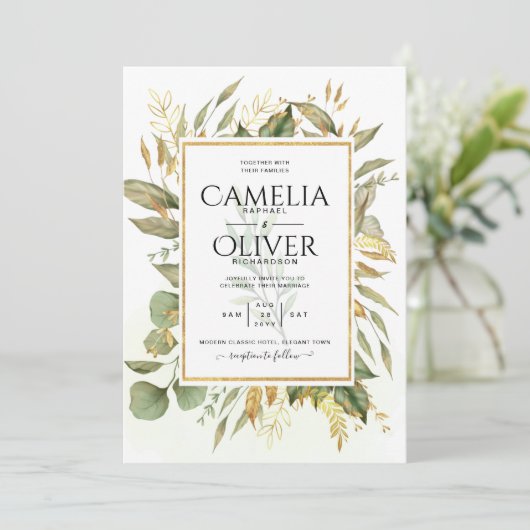 Elegante All-in-1 groenbladeren Gouden Bladeren Br Kaart (Staand voorkant)