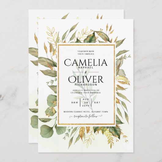 Elegante All-in-1 groenbladeren Gouden Bladeren Br Kaart (Voorkant / Achterkant)