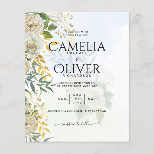 Elegante All-in-1 Witte Rozen Botanische Bruiloft Flyer (Voorkant)