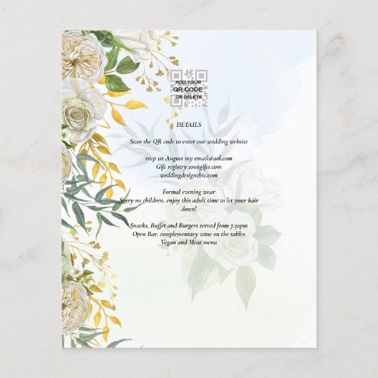 Elegante All-in-1 Witte Rozen Botanische Bruiloft Flyer (Achterkant)