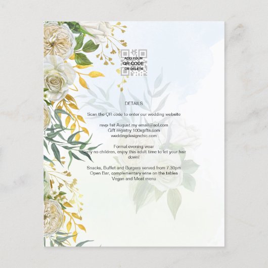 Elegante All-in-1 Witte Rozen Botanische Bruiloft Flyer (Achterkant)