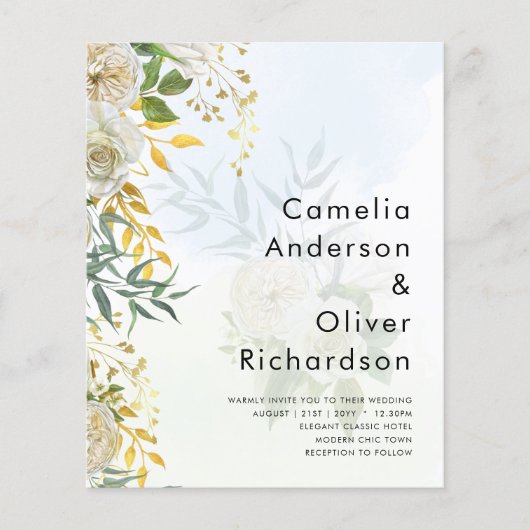 Elegante All-in-1 Witte Rozen Botanische Bruiloft Flyer (Voorkant)