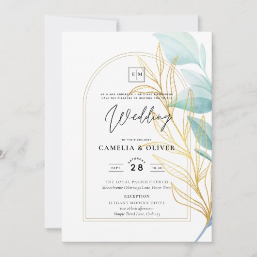 Elegante All-in-1 Zee Glas Turkoois Gouden Blad Tr Kaart (Voorkant)