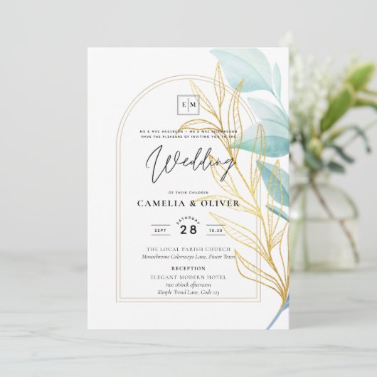 Elegante All-in-1 Zee Glas Turkoois Gouden Blad Tr Kaart (Staand voorkant)