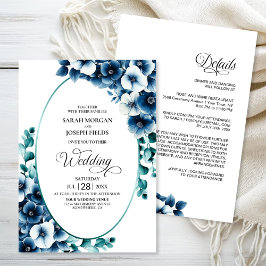 Elegante All-in-One Blauwe Bloemige Trouw Kaart