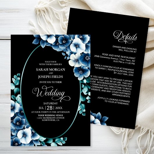 Elegante All in One Blue Floral Wedding Kaart