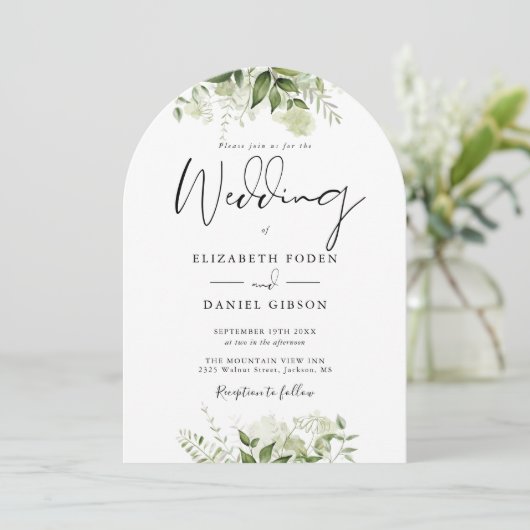 Elegante All In One Groene Bloemboog Bruiloft Kaart (Staand voorkant)