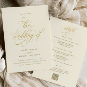 Elegante All-in-One Trouwkaart Crème Goud Trouwkaa Kaart