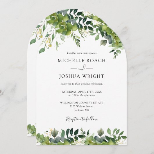 Elegante alles in één groen bloemenboog bruiloft kaart (Voorkant / Achterkant)