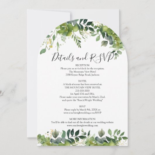 Elegante alles in één groen bloemenboog bruiloft kaart (Achterkant)