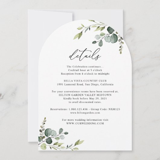 Elegante alles in één groen gewelfde bruiloft kaart (Achterkant)