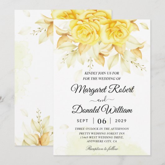 Elegante Amber bloemige watercolor trouwuitnodigin Kaart (Voorkant / Achterkant)