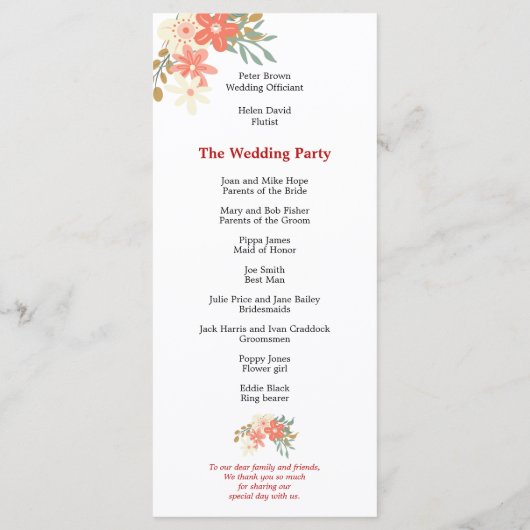 Elegante Ambrose koraal bloemen bruiloft Programmakaart (Achterkant)