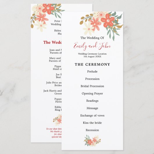 Elegante Ambrose koraal bloemen bruiloft Programmakaart (Voorkant / Achterkant)