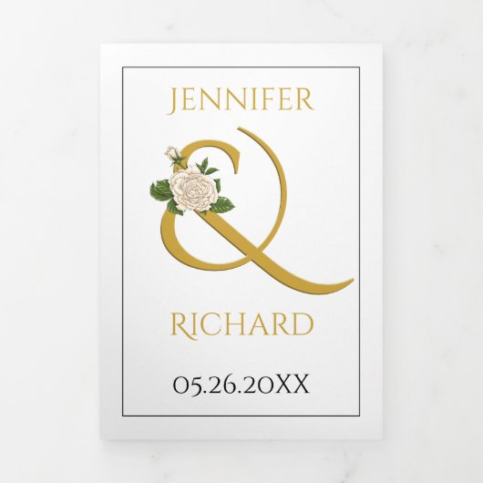 Elegante ampersand met witte roos bruiloft drieluik uitnodiging (Cover)