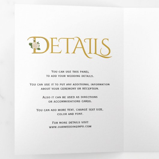 Elegante ampersand met witte roos bruiloft drieluik uitnodiging (Binnenzijde eerst)