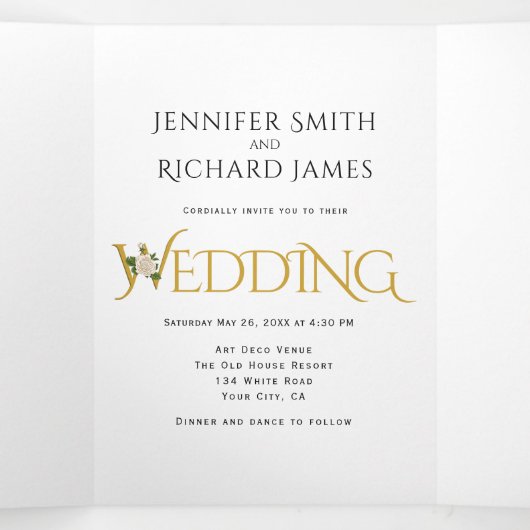 Elegante ampersand met witte roos bruiloft drieluik uitnodiging (Binnenkant midden)