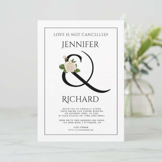 Elegante ampersand roos zwart wit virtual bruiloft kaart (Staand voorkant)