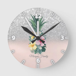 Elegante Ananas Bloemen Zilver Glitter Bokeh Ronde Klok