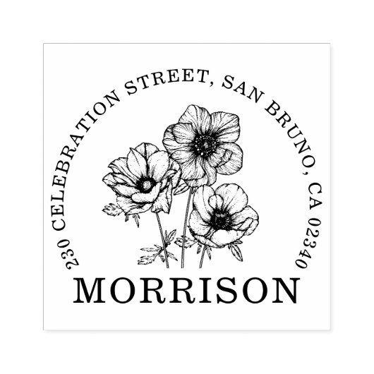 Elegante Anemone Bloemen Naam Rond Retouradres Rubberstempel (Afrduk)