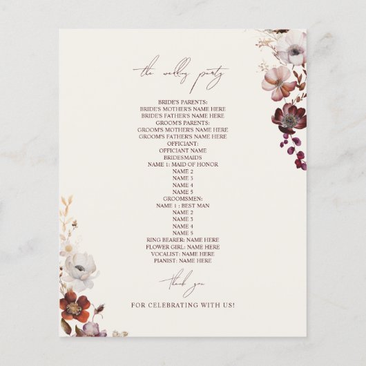 Elegante Anemone Bourgondische bruiloft (Achterkant)