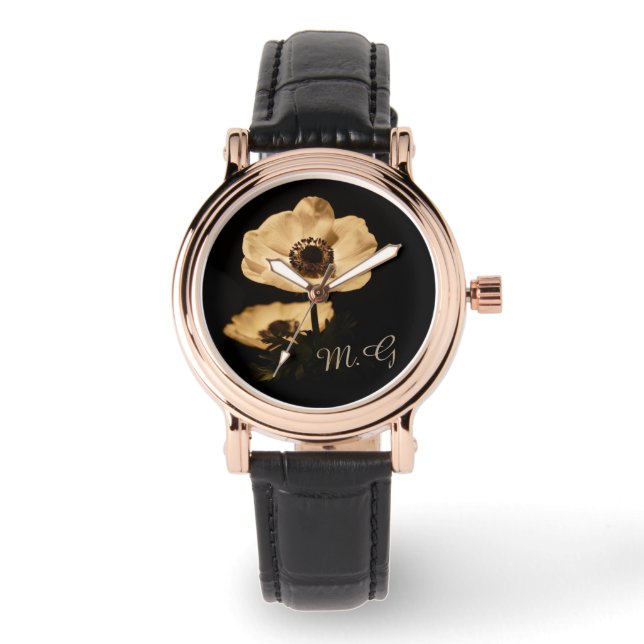 Elegante Anemoon Bloem Zwart Monogram Horloge (Voorkant)