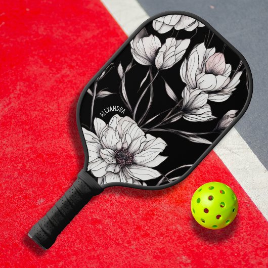 Elegante Anemoon Bloemstuk Aangepaste Naam Zwart Pickleball Paddle
