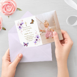 Elegante Anemoon Vlinder Meisje Foto Doop Kaart