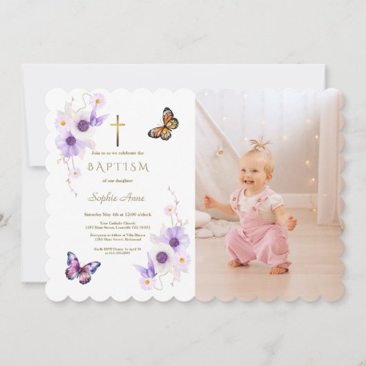 Elegante Anemoon Vlinder Meisje Foto Doop Kaart (Voorkant)