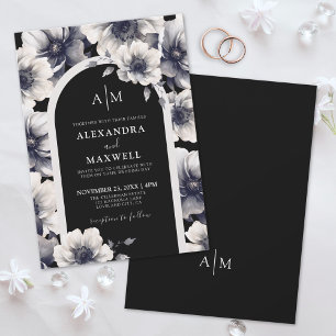 Elegante Anemoon Wit Zwart Bloemig Huwelijk Kaart